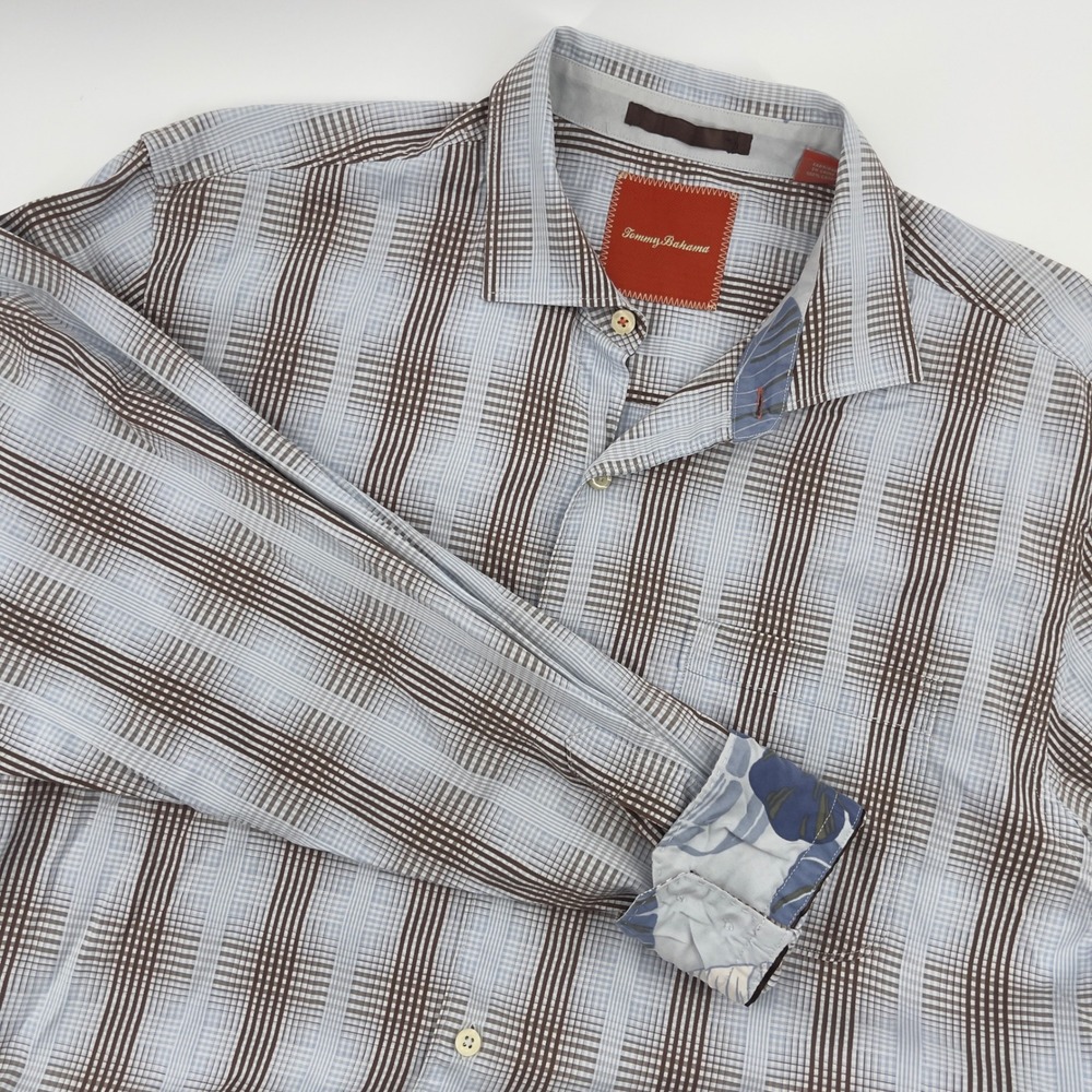 Tommy Bahama Men's Plaid Button Down Shirt - Brown &‎ Blue Large